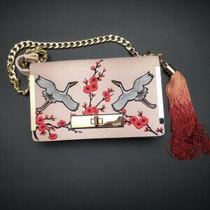 Aldo Ladies Embroidered Crane Purse Faux Leather Pink Snakeskin Pattern